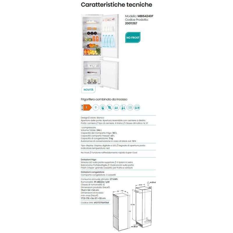 HISENSE RIB317N4AWE Frigorifero combinato da incasso da 60 cm 244 lt cerniera a DX Total No Frost classe E bianco Offerta natalizia